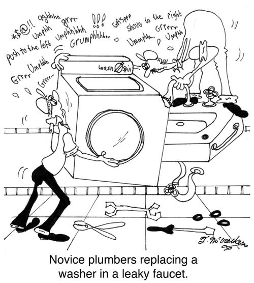 Novice plumbers replacing a washer in a leaky faucet.