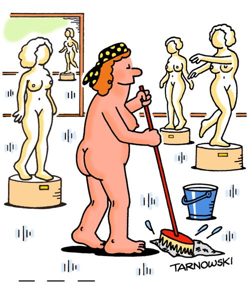 Naked cleaner in a nude exhibition.