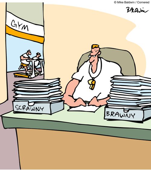 Gym office in-out trays: Scrawny Brawny.