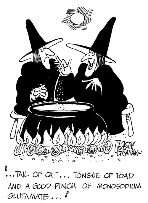 '...tail of cat..tongue of toad and a good pinch of monosodium glutamate...'