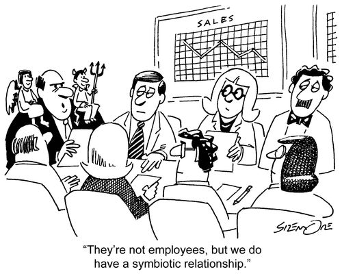 Boss with Angel and Devil on his shoulders - 'They're not employees, but we do have a symbiotic relationship.'
