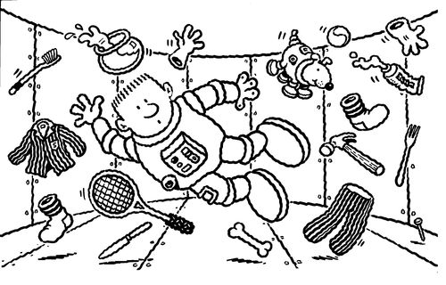 Space man with his possessions floating.