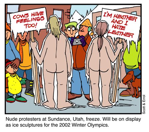 Frozen nude protesters at Sundance will be used as ice sculptures