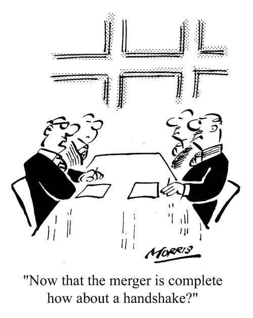 "Now that the merger is complete, how about a handshake?"