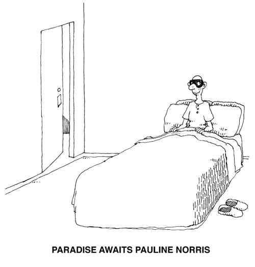 'Paradise awaits pauline Norris' man in bed with a mask on