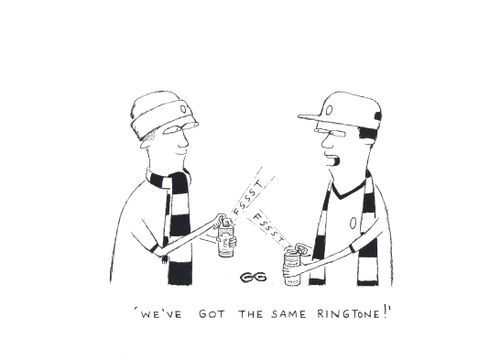 "We've got the same ringtone!"  (Two guys opening ring pull drinks cans).
