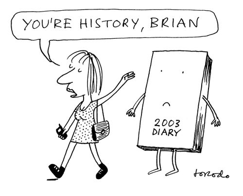 Girl saying 'You're history, Brian' to a year 2003 diary.