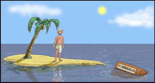 Castaway on island with just one tree has hammock washed up on shore.