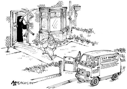 Grinding and sharpening company drop off the Grim Reapers scythes.