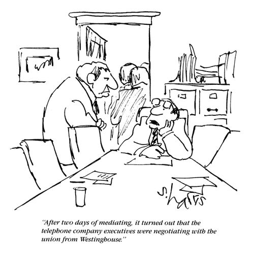 'After two days of mediating, it turned out that the telephone company exectuives were negotiating with the union from Westinghouse.'