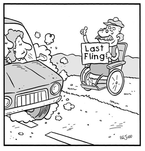 Old Geriatric Hitchhiker holding a sign saying 'Last Fling',