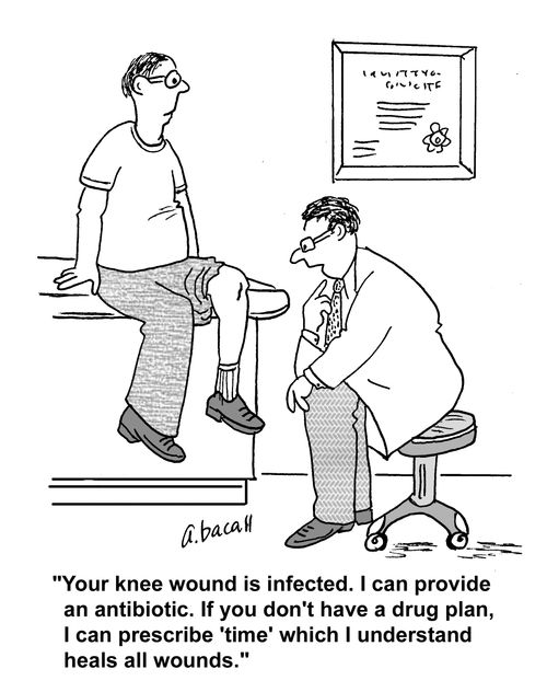 'Your knee wound is infected. I can provide an antibiotic. If you don't have a drug plan, I can prescribe 'time' which I understand heals all wounds.'