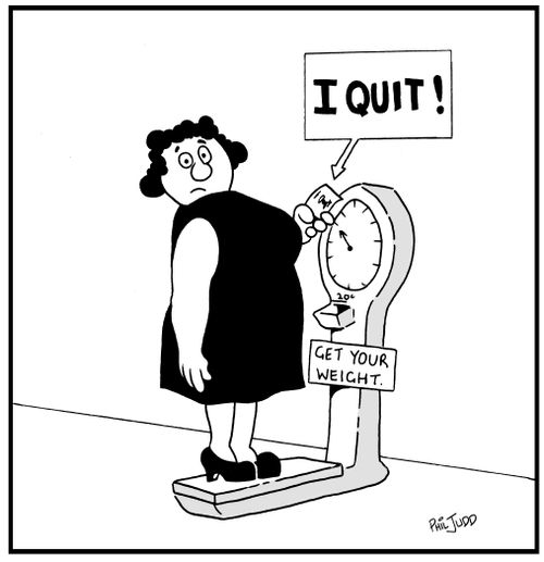 Fat lady standing on a weighing machine. Its print out says 'I Quit!'.