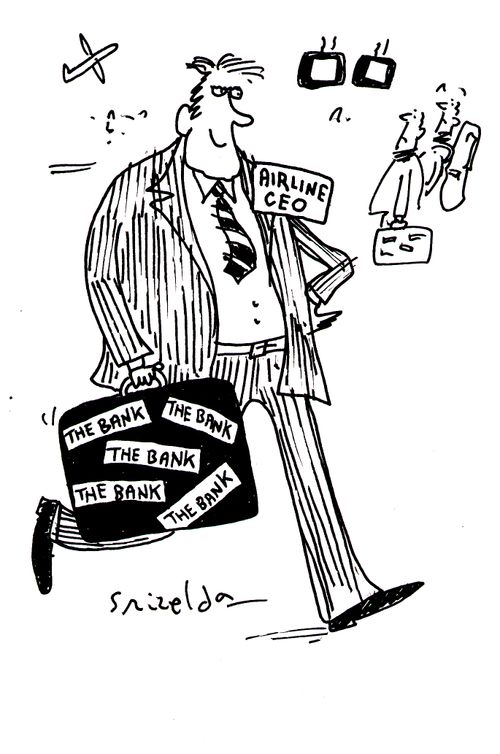 Airline CEO carrying case with stickers reading 'The Bank'.