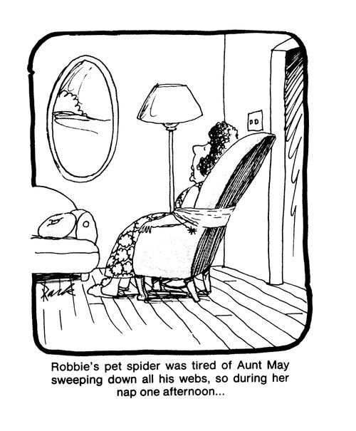 Robbie's pet spider was tired of Aunt May sweeping down all his webs,so during her nap one afternoon...