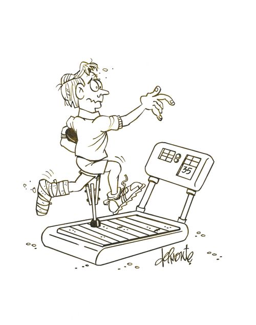 Man runs on a treadmill but has a broken leg and can't stop.