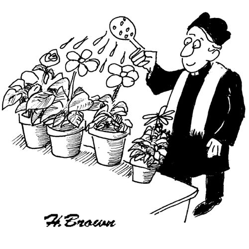 Bishop sprinkling holy water on his potted plants.