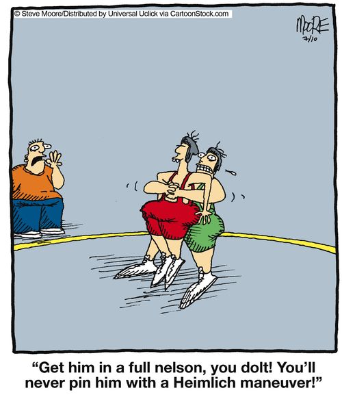 'Get him in a full nelson, you dolt! You'll never pin him with a Heimlich maneuver!'
