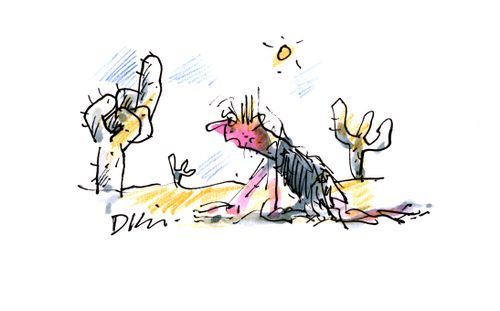 Man in desert sees cactus doing rude gesture.