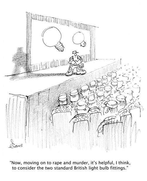 'Now, moving on to rape and murder, it's helpful, I think, to consider the two standard British light bulb fittings.'