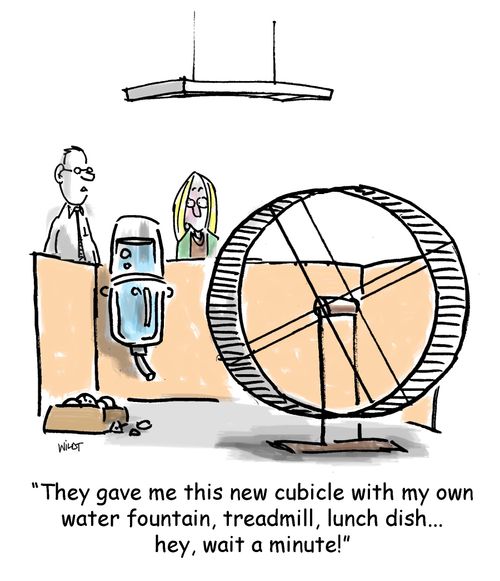 'They gave me this new cubicle with my own water fountain, treadmill, lunch dish... hey, wait a minute!'