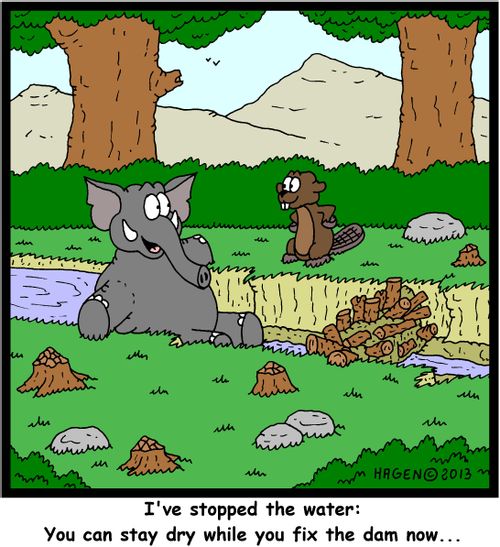 'I've stopped the water: You can stay dry while you fix the dam now...'