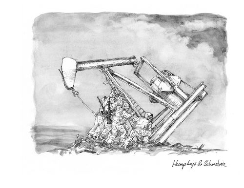 Contemporary U.S. soldiers right an oil derrick.
