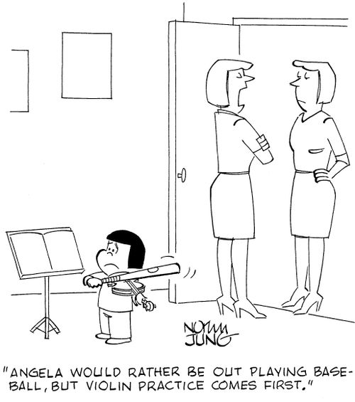 'Angela would rather be out playing baseball, but violin practice comes first.'