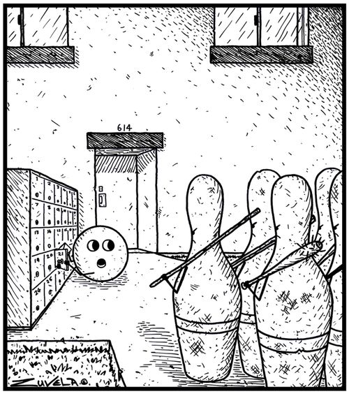 Angry Bowling pins about to get back at a Tenpin Bowling ball.
