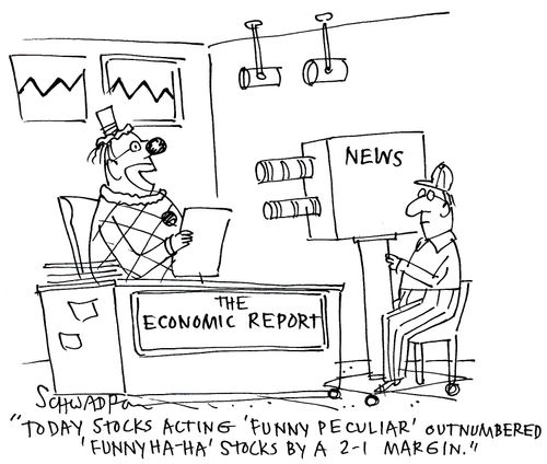 'Today stocks acting 'funny peculiar' outnumbered 'funny ha-ha' stocks by a 2-1 margin.'