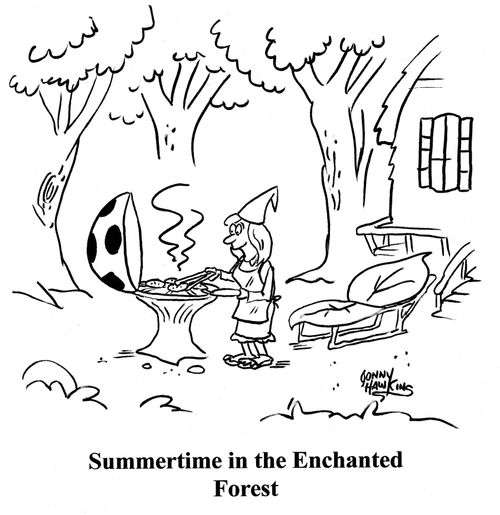 Elfian lady grilling on mushroom: 'Summertime in the Enchanted Forest'.