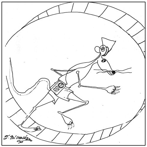  In a cage wheel a rat runs while wearing a Running Rat Radio.