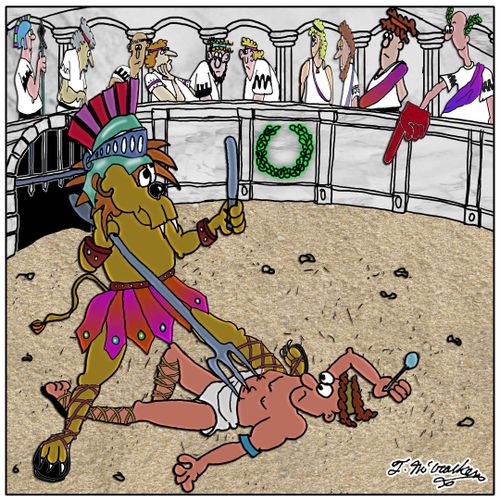 An ancient Roman gives the thumbs down using a big foam finger. The fight is between a lion dressed like a gladiator and wielding a large fork and a man with a spoon.