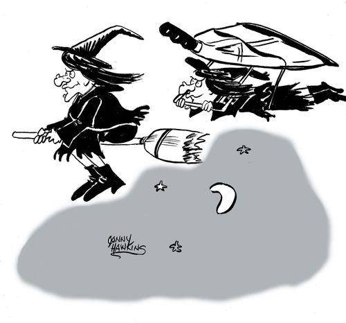 Witch on broom followed by witch on hangglider dustpan