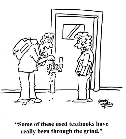 Student to other about shredded paper: 'Some of these used textbooks have really been through the grind.'