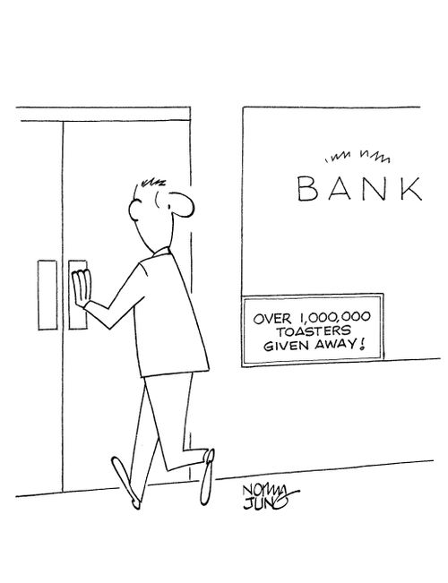 Customer entering bank that is touting number of toasters given away