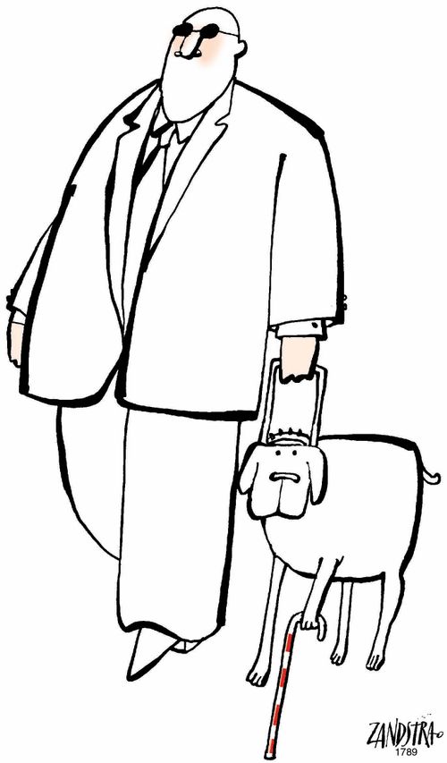 Blind man with a partially sighted guide dog.