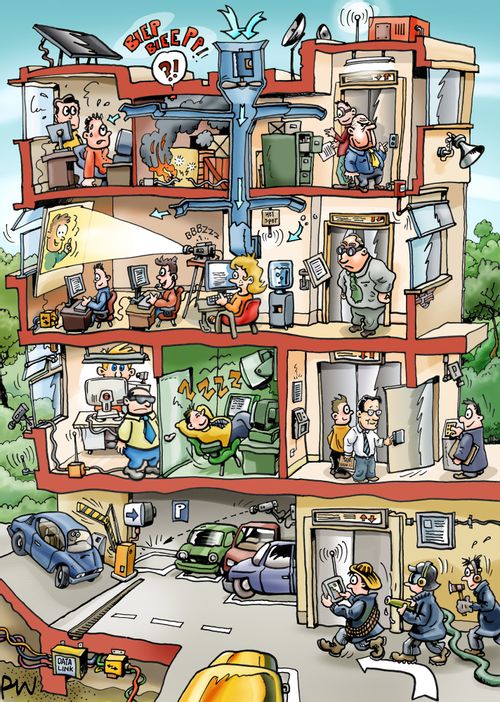 Cutaway drawing of office building.