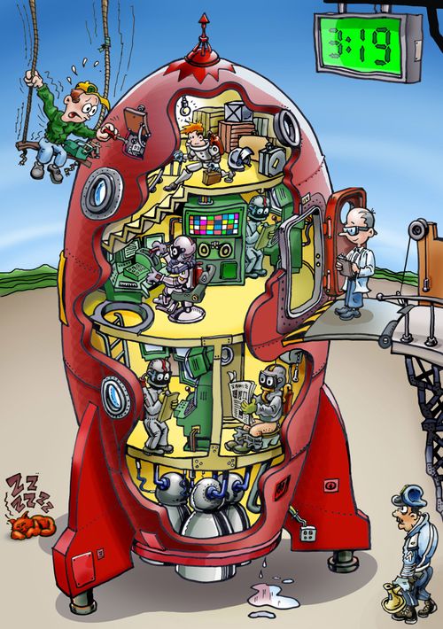 Rocket with preparing astronauts.
