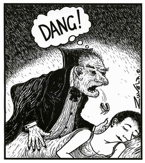 An old Dracula's false teeth fall out.