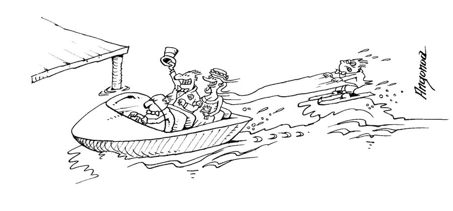Just married - newlyweds drag a waterskier.