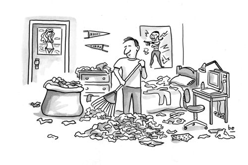 Student rakes leaveslaundry in dorm room.