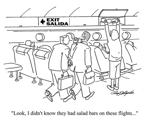 'Look, I didn't know they had salad bars on these flights...'