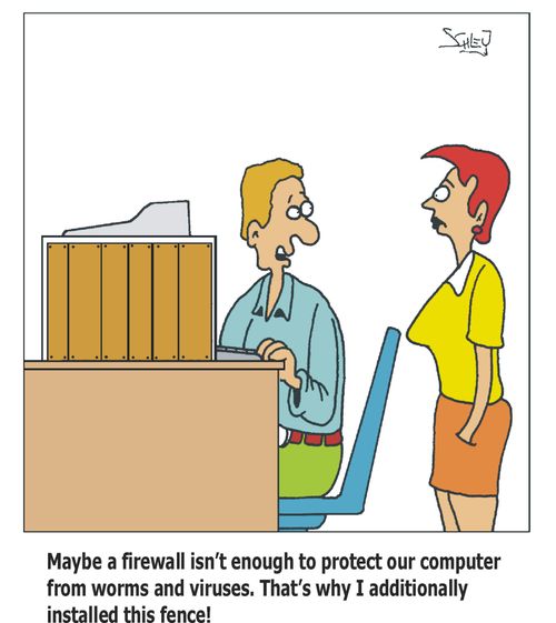 'Maybe a firewall isn't enough to protect our computer from worms and viruses. That's why I additionally installed this fence!'
