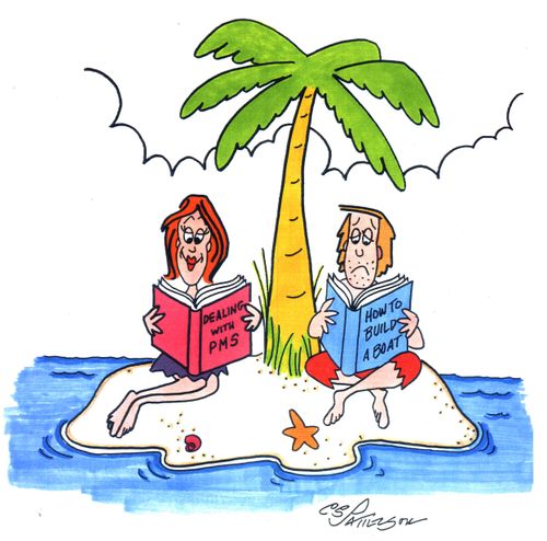Desert island. Woman reading 'Dealing with PMS' Man reading 'How to build a boat'