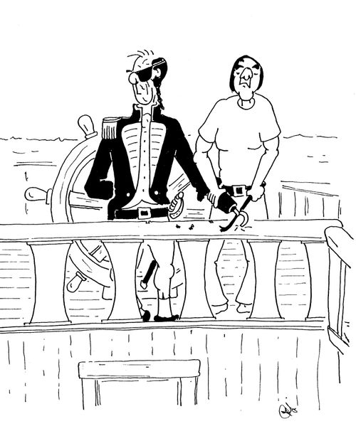 Captain Hook getting his hook stuck in the rail, again