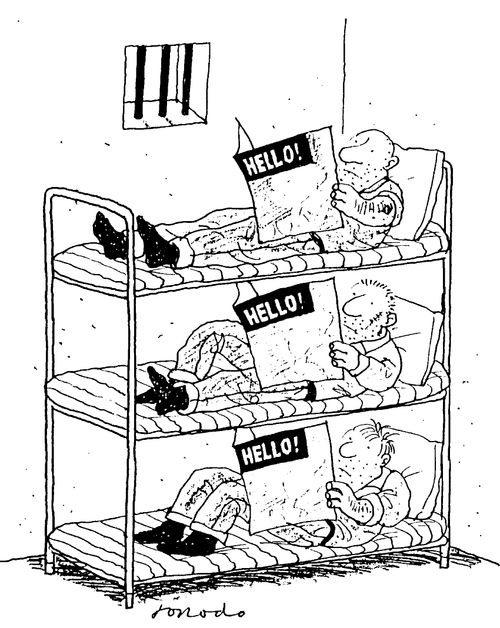 Three prisioners in bunk reading  'Hello'