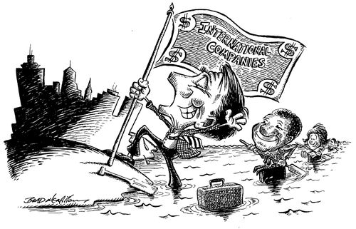 'International companies' sticking flag into the ground near the city.
