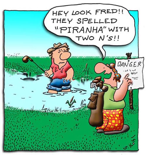 "Hey look Fred!! They spelled 'Piranha' with two N's!!"