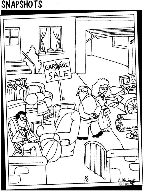 Garage Sale (sign originally read 'Garbage' sale).